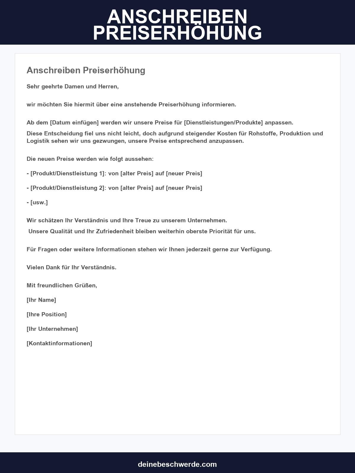 Anschreiben Preiserhöhung Vorlage