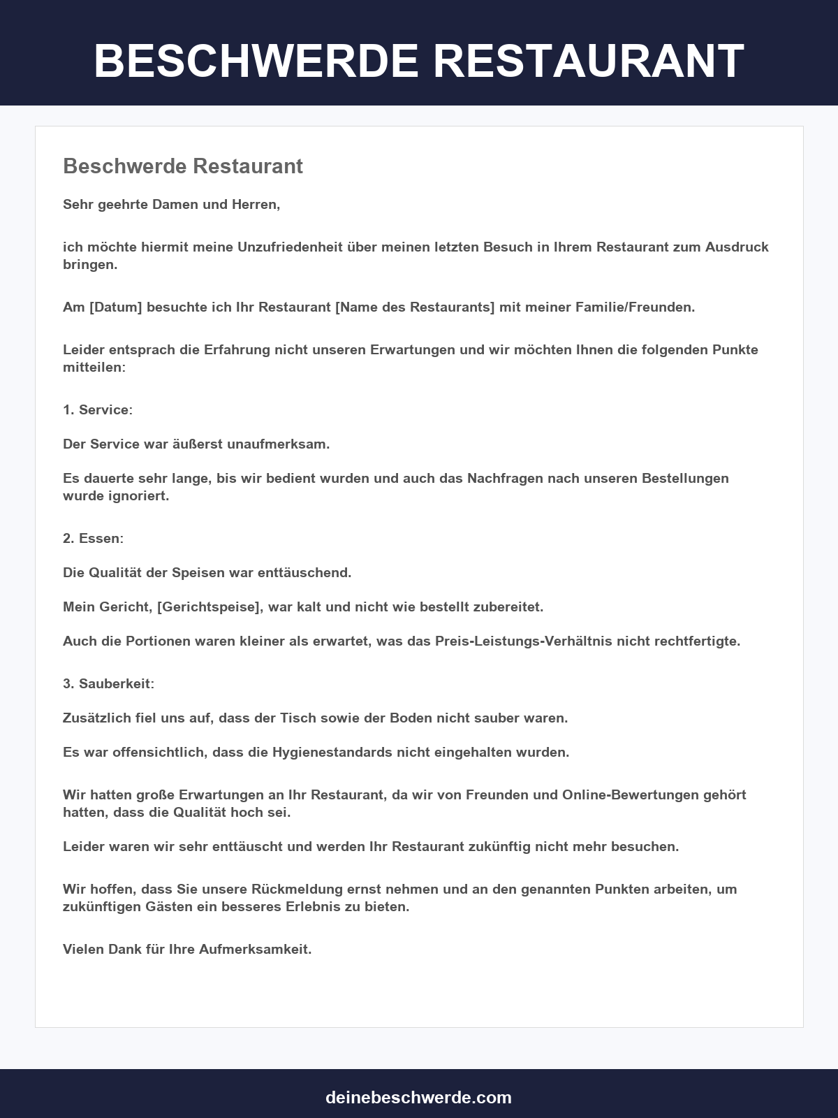 Beschwerde Restaurant Muster