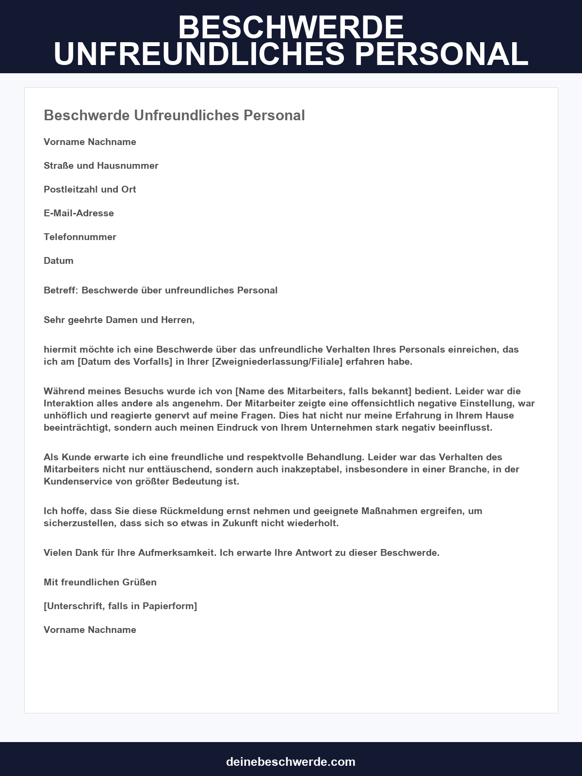 Beschwerde Unfreundliches Personal Muster