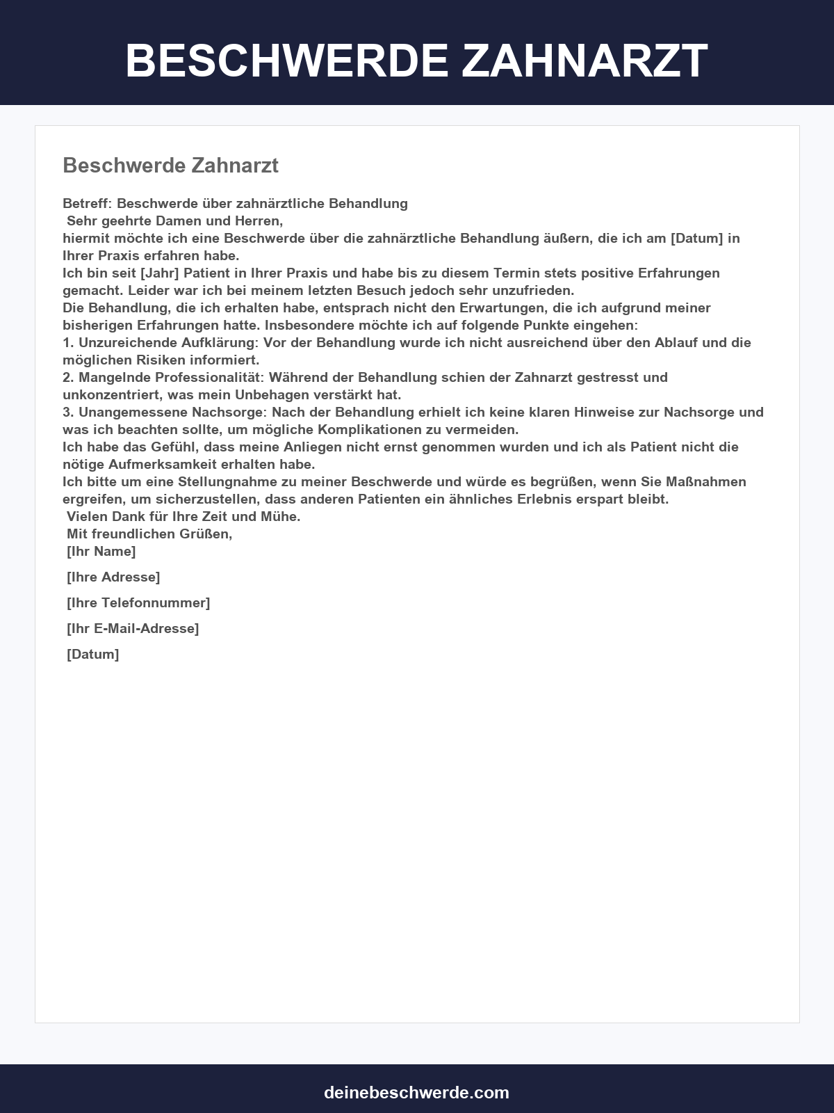 Beschwerde Zahnarzt Musterbrief