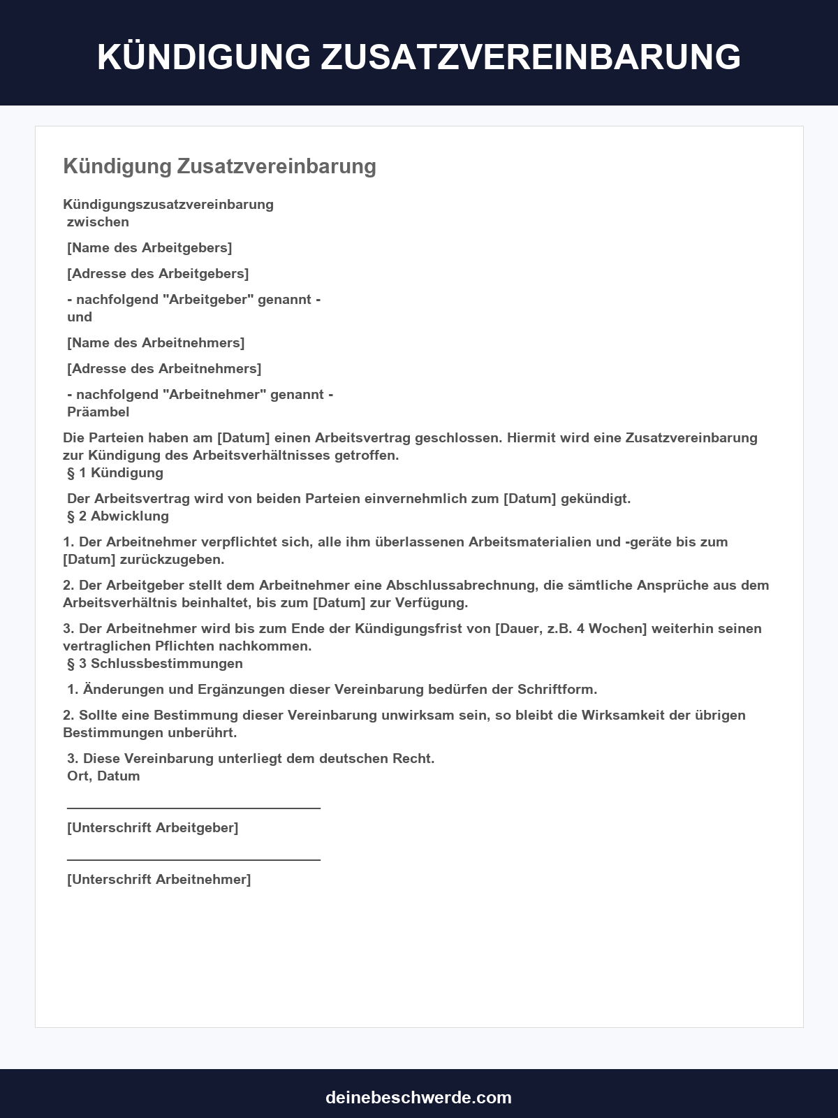Kündigung Zusatzvereinbarung Muster