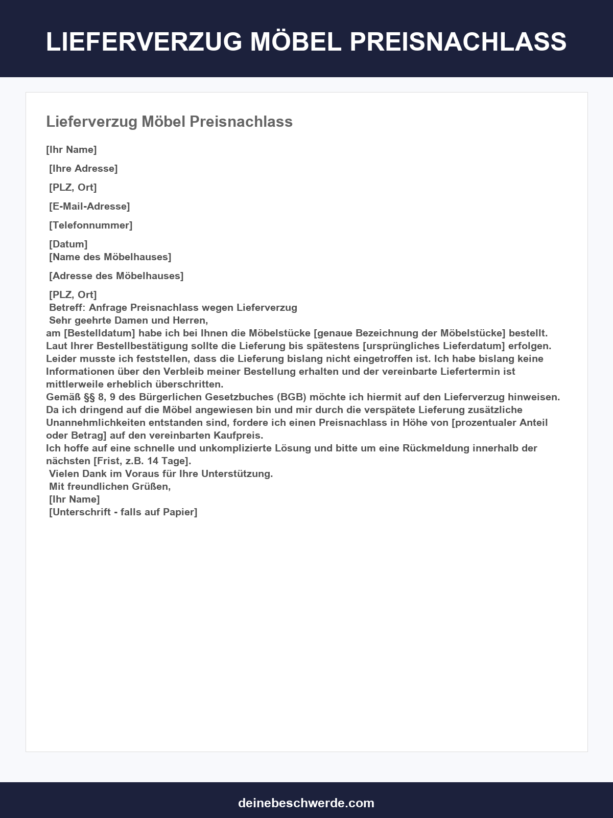 Lieferverzug Möbel Preisnachlass Musterbrief
