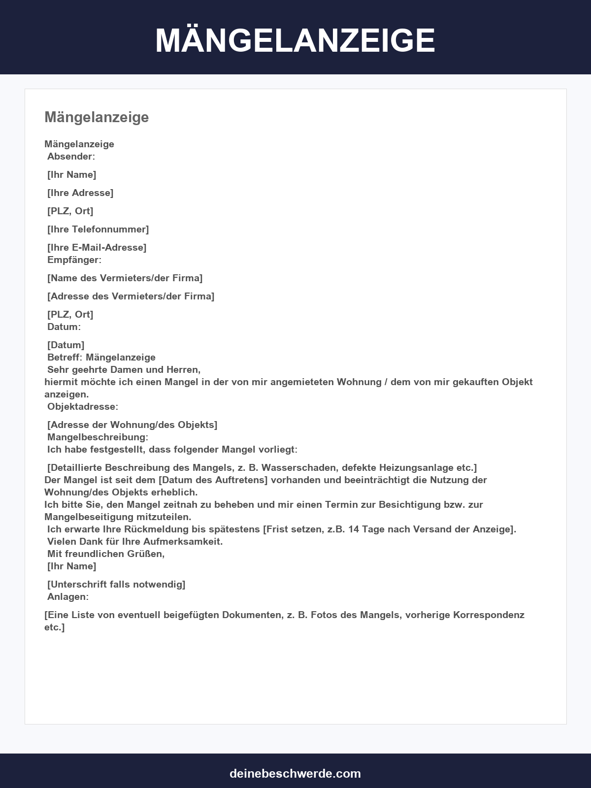Mängelanzeige Vorlage