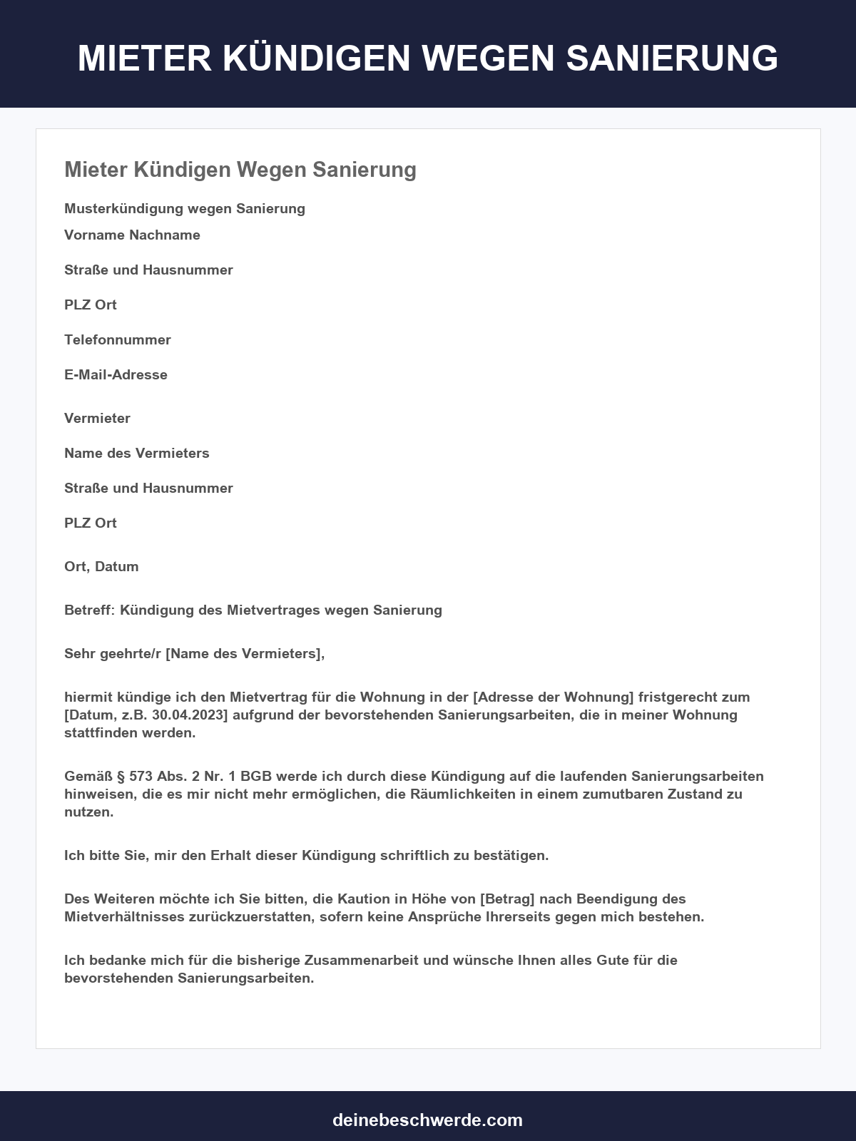 Mieter Kündigen Wegen Sanierung Vorlage