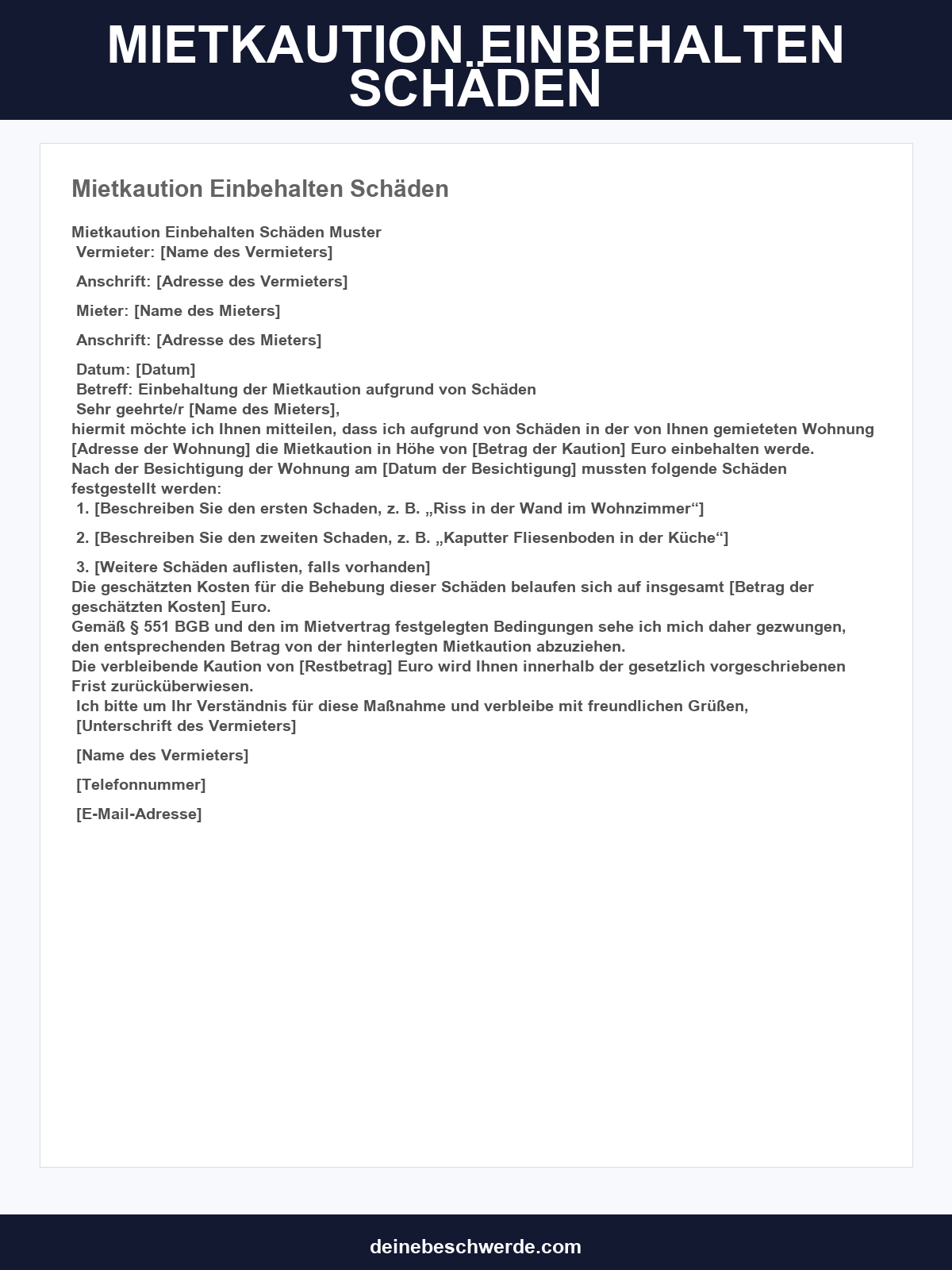 Mietkaution Einbehalten Schäden Musterbrief