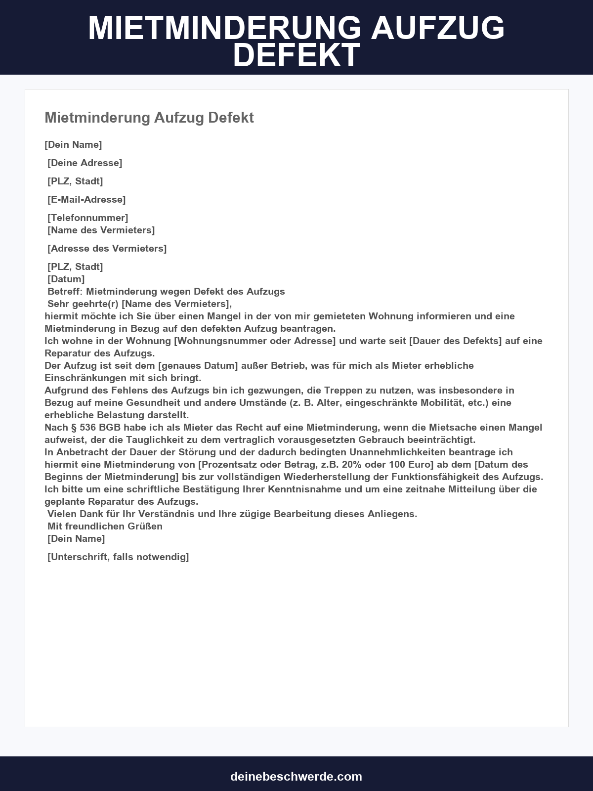 Mietminderung Aufzug Defekt Musterbrief