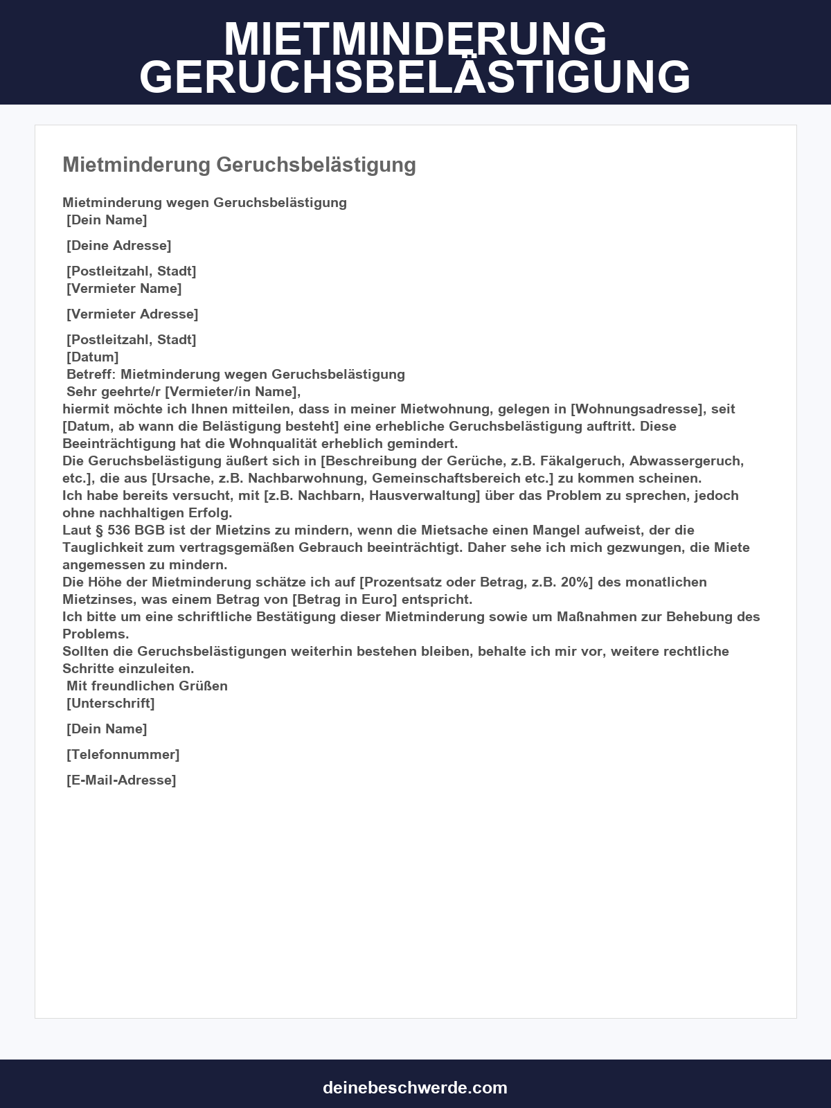 Musterbrief Mietminderung Geruchsbelästigung