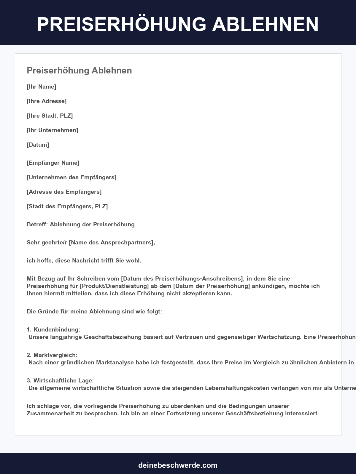 Preiserhöhung Ablehnen Vorlage