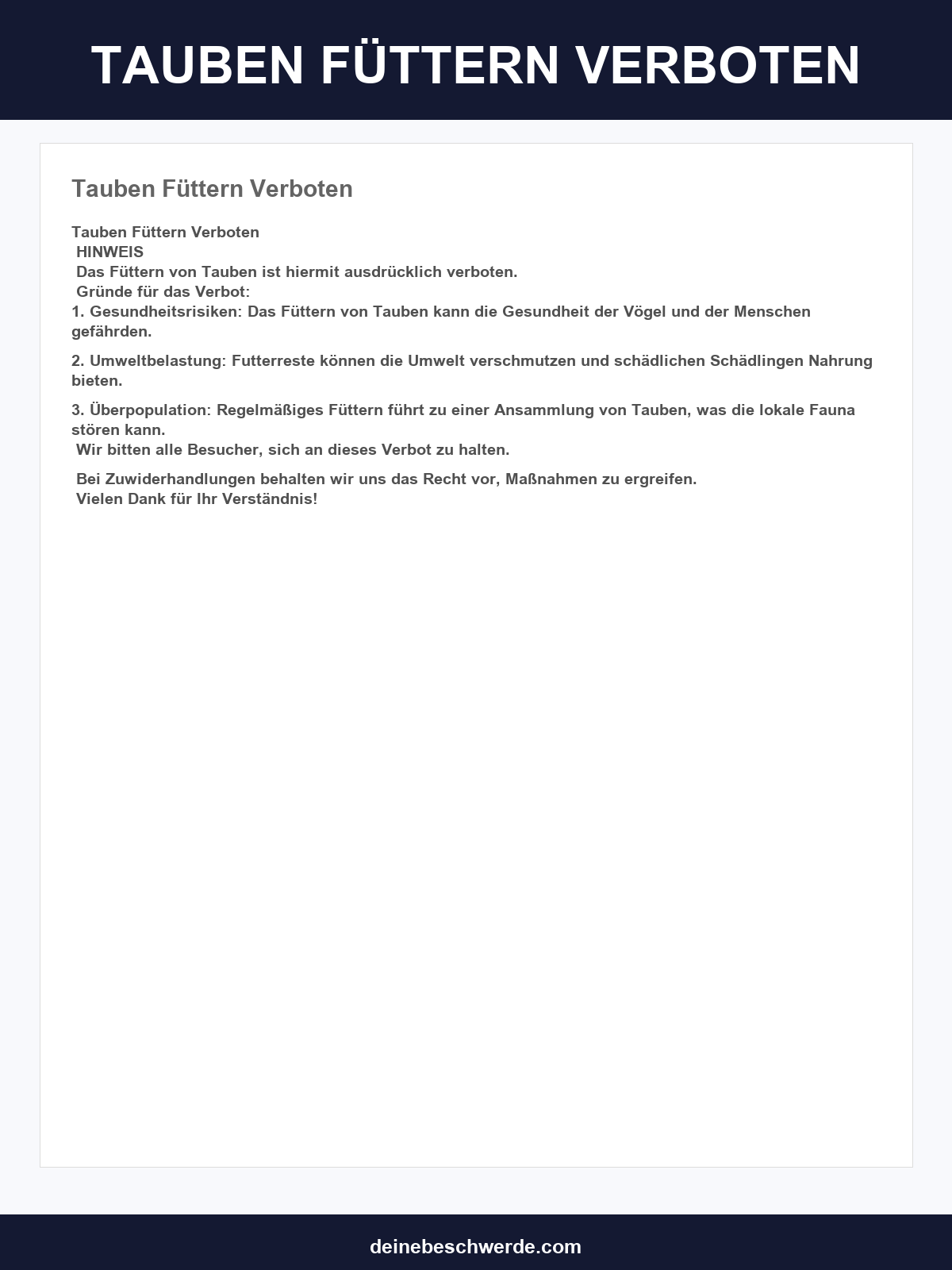 Musterschreiben Tauben Füttern Verboten