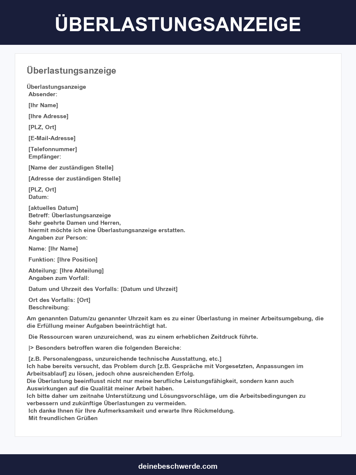 Überlastungsanzeige Vorlage